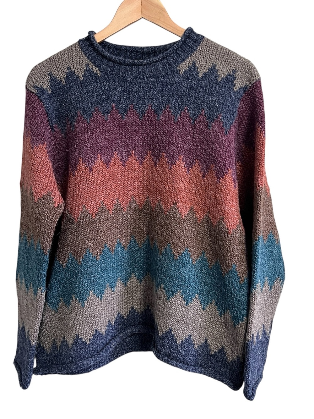 Vintage Wool Blend Chevron Crewneck Knitted Sweater Roll Cuff Medium